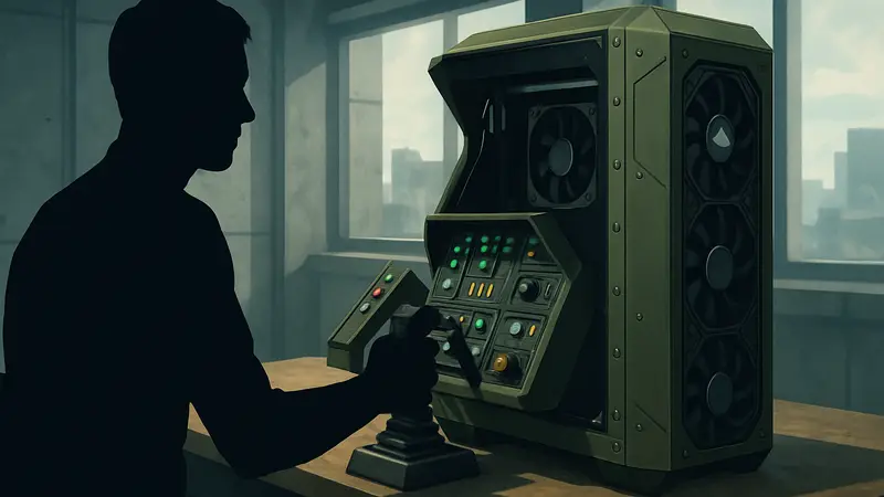 Игровой ПК корпус Corsair в военном стиле с панелью управления как у истребителя.
