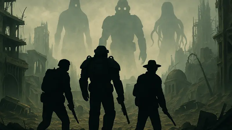 Арт из Fallout с персонажами, исследующими руины, на фоне таинственных силуэтов.