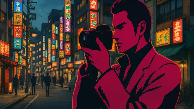 Главный герой Yakuza Kiwami 3 с фотоаппаратом на фоне улицы Даунтаун Рюкю
