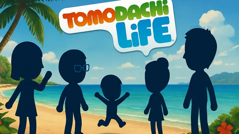 Скриншот игрового процесса Tomodachi Life с персонажами Mii на тропическом острове