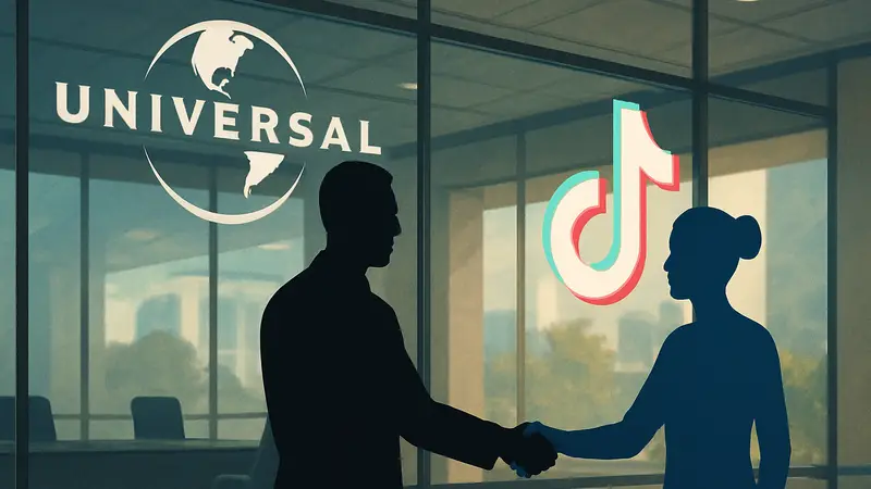 Изображение логотипов Universal Music Group и TikTok, символизирующее их сотрудничество в сфере авторских прав и ИИ.