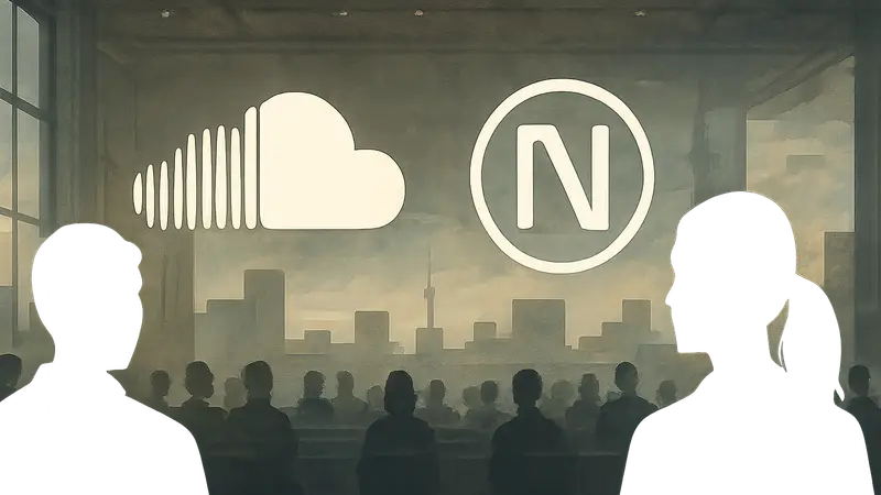 Логотипы SoundCloud и Nina Protocol, символизирующие слияние музыкальных платформ и технологий.