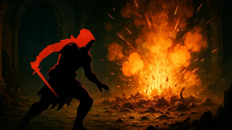 Игрок Diablo 4 уклоняется от взрывных эффектов после уничтожения группы монстров в подземелье.