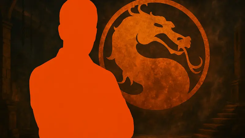 Эд Бун, соавтор Mortal Kombat, на фоне логотипа игры
