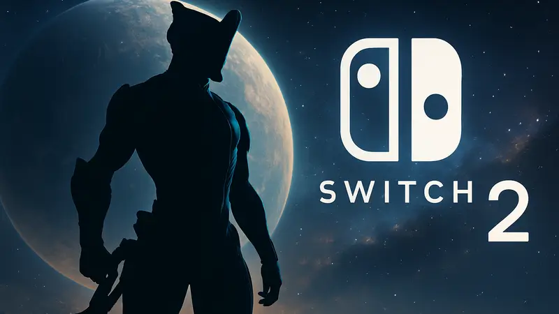 Игровой персонаж Warframe Тенно в футуристичной броне на фоне логотипа Nintendo Switch 2 и космического пейзажа.