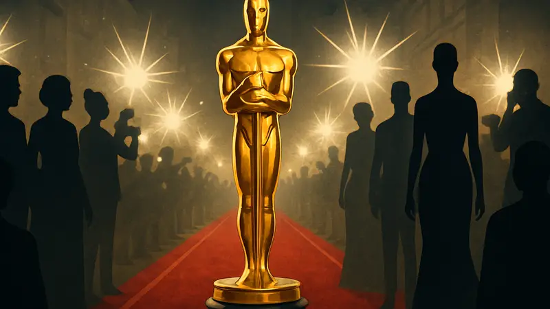 Золотая статуэтка Оскара на фоне красной ковровой дорожки и вспышек фотокамер