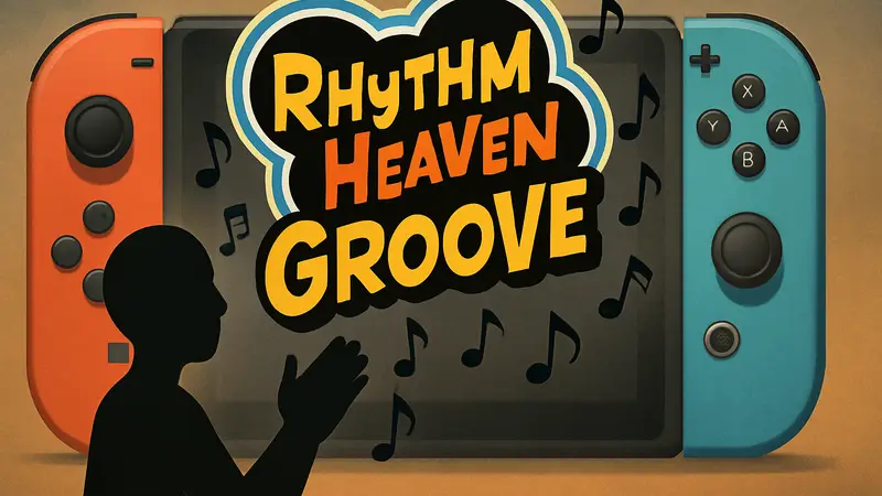 Логотип Rhythm Heaven Groove с элементами музыкальной нотации на фоне контроллеров Nintendo Switch.