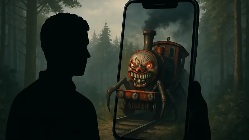 Поезд-монстр Choo-Choo Charles на экране смартфона, символизирующий мобильный релиз
