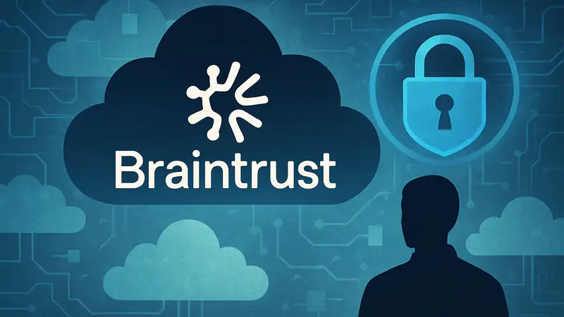 Логотип Braintrust на фоне облачных технологий или символа кибербезопасности.