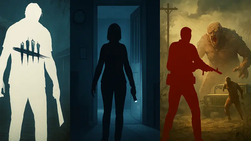 Лучшие хоррор-игры с кроссплеем: скриншоты Dead by Daylight, Phasmophobia, Toxic Commando.