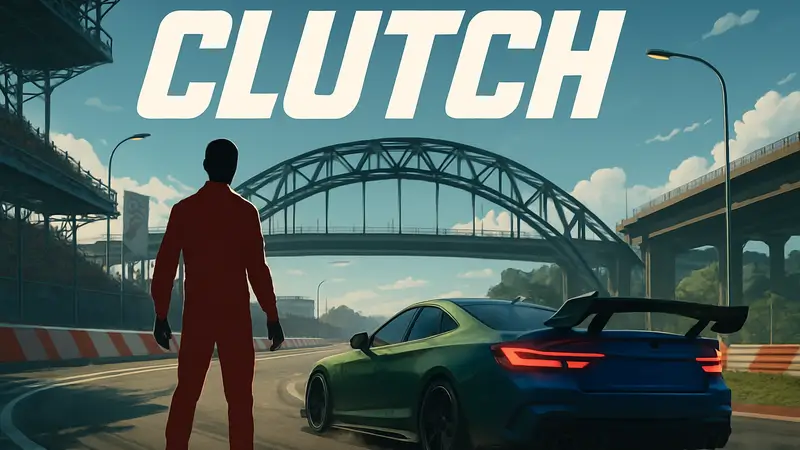 Логотип или скриншот гоночной игры Clutch с элементами трассы и машин.
