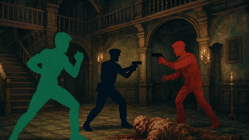 Иллюстрация или арт из TTRPG MemoryCore, стилизованный под игры PS1, с элементами Resident Evil и Tekken.