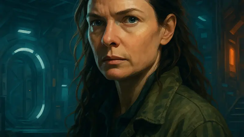 Ребекка Фергюсон в образе из научно-фантастического сериала «Укрытие», сфокусированный и решительный взгляд.