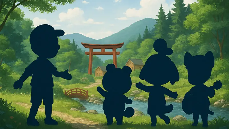Персонажи Animal Crossing на фоне природы, приглашающие на мероприятие в Японии