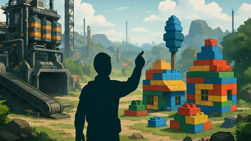 Игровой скриншот мира, сочетающего индустриальные постройки Satisfactory с яркими LEGO-элементами.