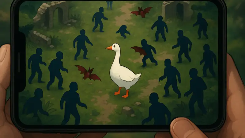 Скриншот геймплея Goose RPG: Honk to Survive с гусем и врагами на мобильном устройстве