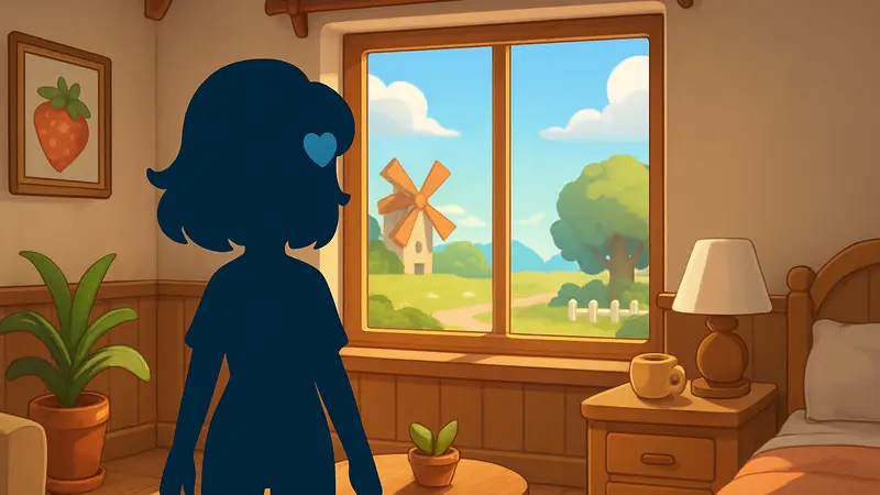 Игровой скриншот Heartopia с окном без штор и элементом интерьера