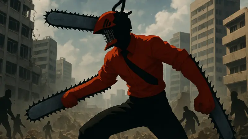 Денджи из Chainsaw Man в форме Человека-бензопилы, готовый к бою.