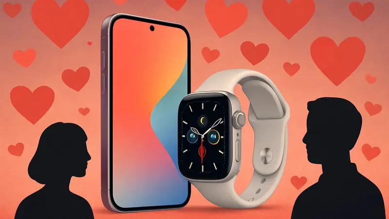 Изображение iPhone Air и Apple Watch Series 11 на фоне сердечек, символизирующих скидки ко Дню святого Валентина.