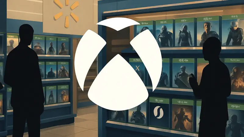 Логотип Xbox на фоне полок магазина Walmart с дисками популярных игр для Xbox One и Series X/S.