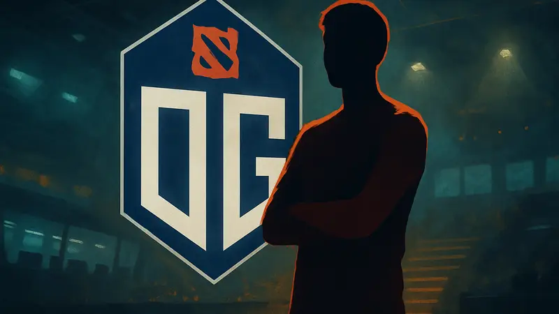 Киберспортсмен TORONTOTOKYO на фоне логотипа команды OG по Dota 2