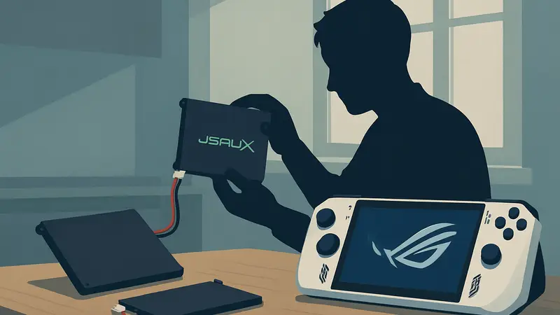 Комплект для апгрейда батареи JSAUX рядом с портативной консолью ROG Ally, демонстрирующий процесс установки.