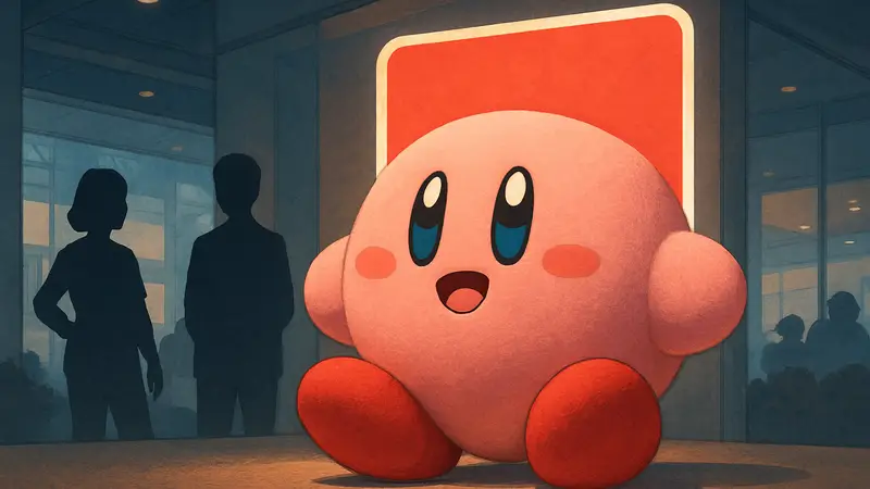 Говорящая игрушка Кирби от Bandai, розовый персонаж на фоне с логотипом.