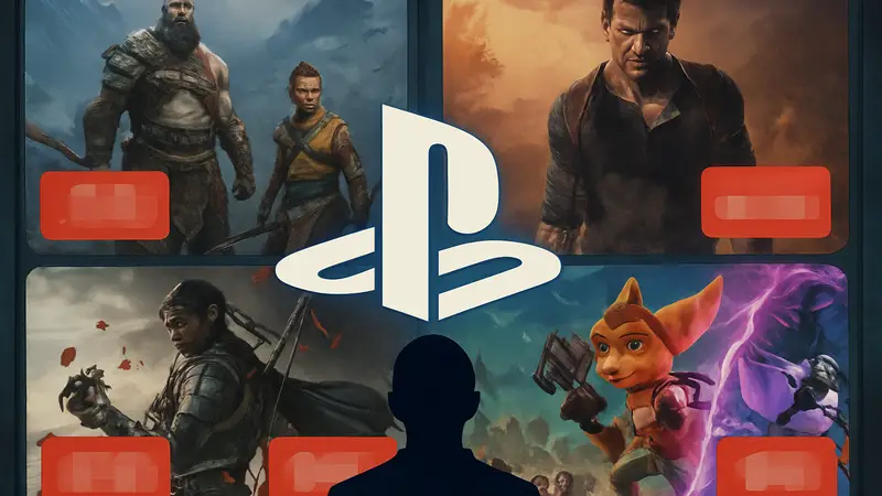 Логотип PlayStation 5 на фоне игровых обложек с акционными ценами