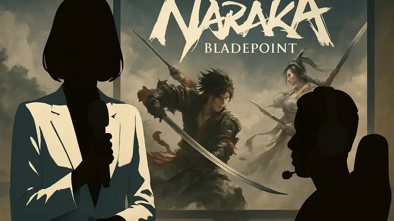 Киберспортивная ведущая на фоне логотипа Naraka: Bladepoint, стример с чёрным макияжем, скандал в киберспорте.