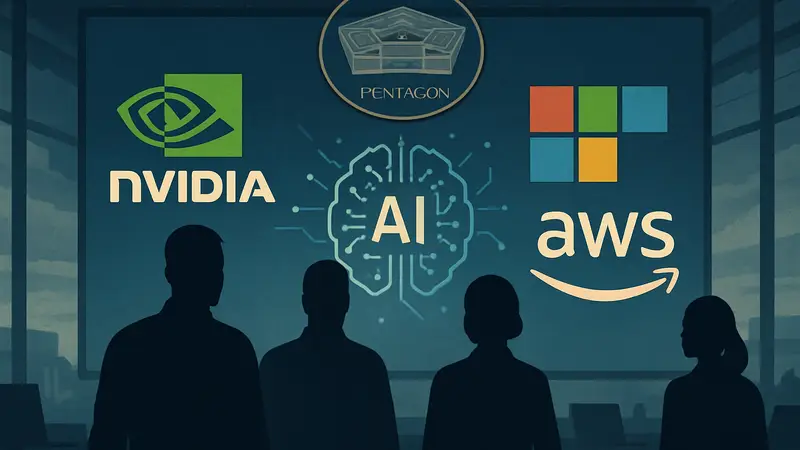 Логотипы Nvidia, Microsoft, AWS и Пентагона, символизирующие сотрудничество в области ИИ