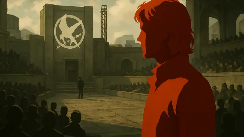 Кадр из трейлера «Восход на Жатве» с молодым Хеймитчем Эбернети, показывающий его в атмосфере «Голодных игр».