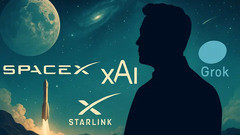 Илон Маск и логотипы компаний SpaceX, xAI, Grok, Starlink на фоне космического пейзажа. Возможная интеграция технологий.