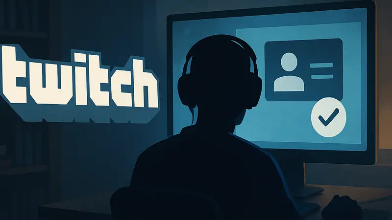 Логотип Twitch на фоне экрана с требованием ID-верификации для стримера