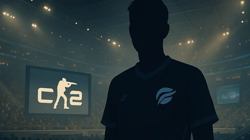 Киберспортсмен regali в форме команды FlyQuest на фоне логотипов CS2 и игровой арены.