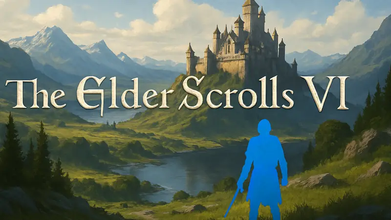 Логотип The Elder Scrolls 6 на фоне фэнтезийного пейзажа с замком