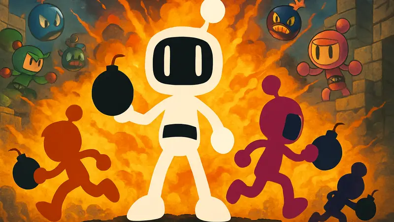 Обложка игры Super Bomberman Collection с персонажами Бомбермена на фоне взрывов.