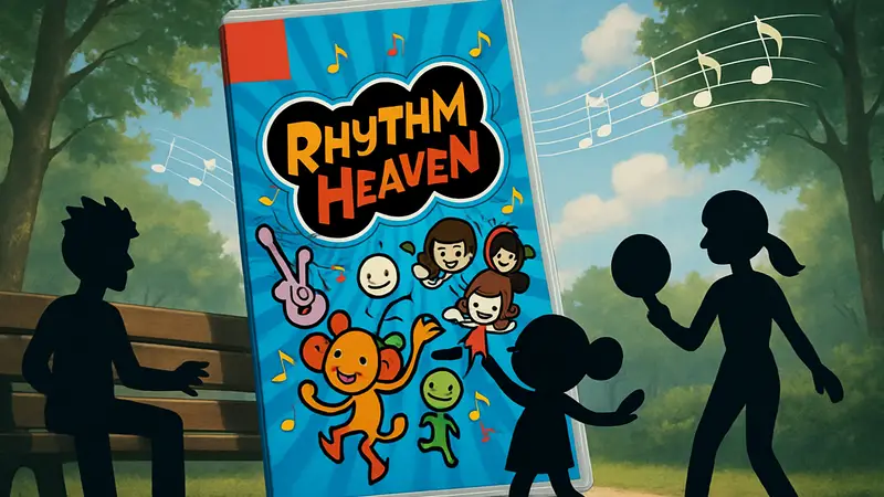 Обложка игры Rhythm Heaven Groove с музыкальными нотами и персонажами