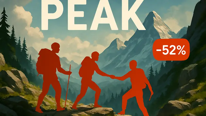 Обложка кооперативной инди-игры Peak, демонстрирующая игровой процесс и персонажей со скидкой 52%.