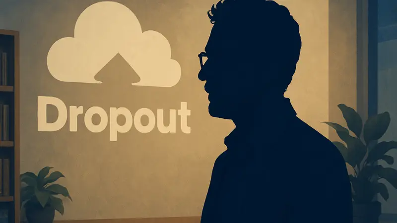 Сэм Райх, CEO Dropout, на фоне логотипа компании