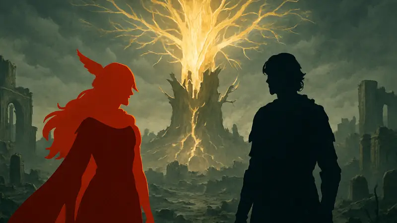 Маления и Радагон, символы Elden Ring, на фоне разрушенного Древа Эрдтри в Междуземье