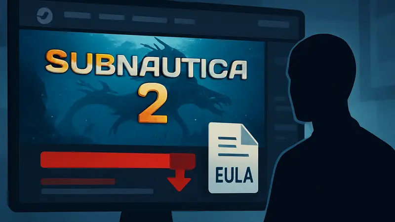 Логотип Subnautica 2 на фоне окна Steam с красным индикатором низкого рейтинга и значком EULA.