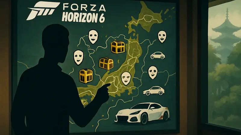 Интерактивная карта Японии в Forza Horizon 6, показывающая сокровища, талисманы и машины для поиска.