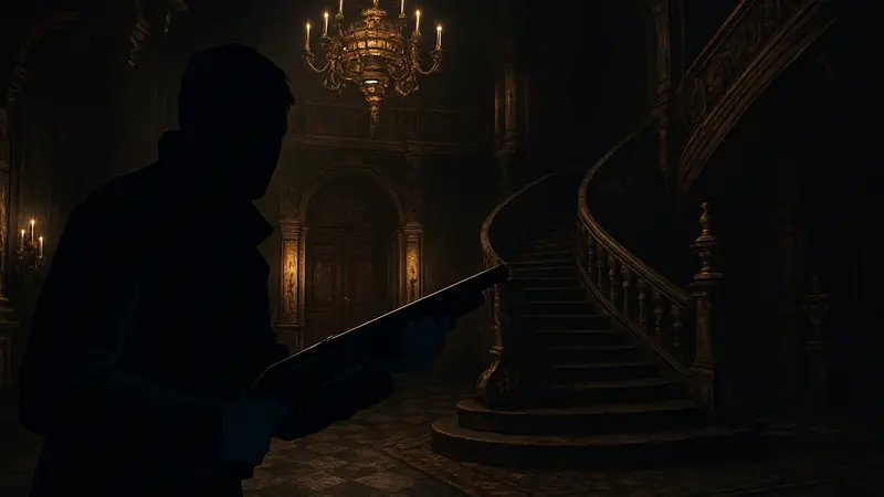 Главный герой Resident Evil Village Итан Уинтерс в мрачном замке с оружием.