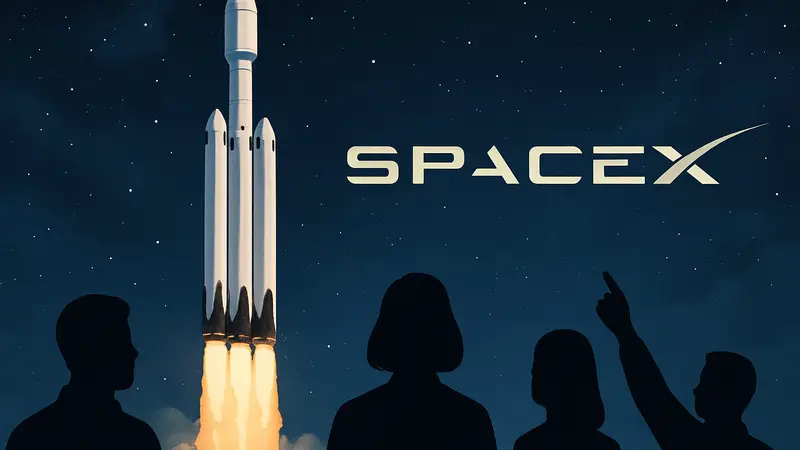 Ракета SpaceX Falcon Heavy и логотип компании на фоне звёздного неба, символизирующие IPO.