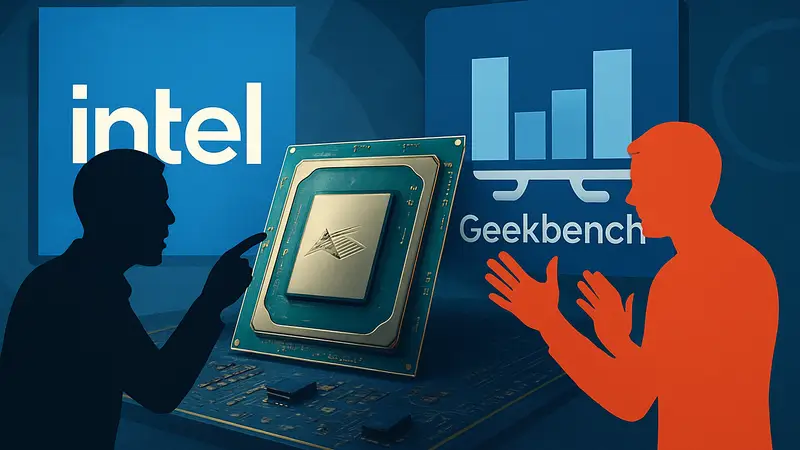 Процессор Intel Arrow Lake Plus на фоне логотипов Intel и Geekbench, демонстрирующий конфликт в тестах производительности.