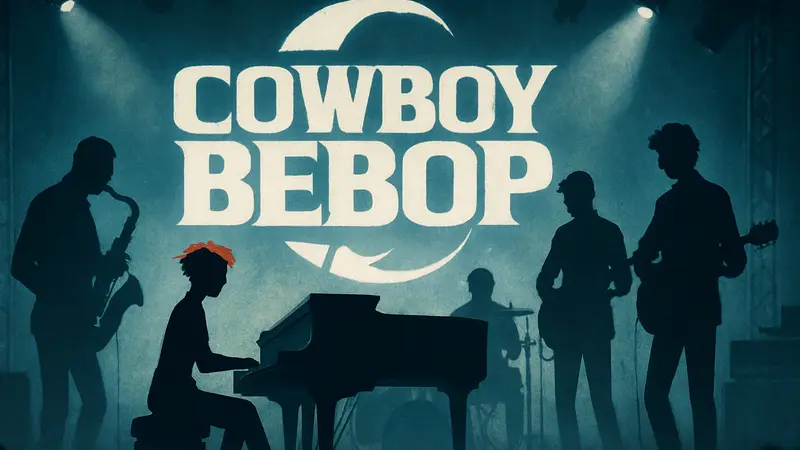 Йоко Канно и группа SEATBELTS выступают на сцене, на фоне логотип Cowboy Bebop