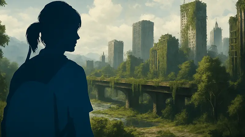Кадр из игры The Last of Us Part II, главная героиня Элли смотрит вдаль на постапокалиптический мир.