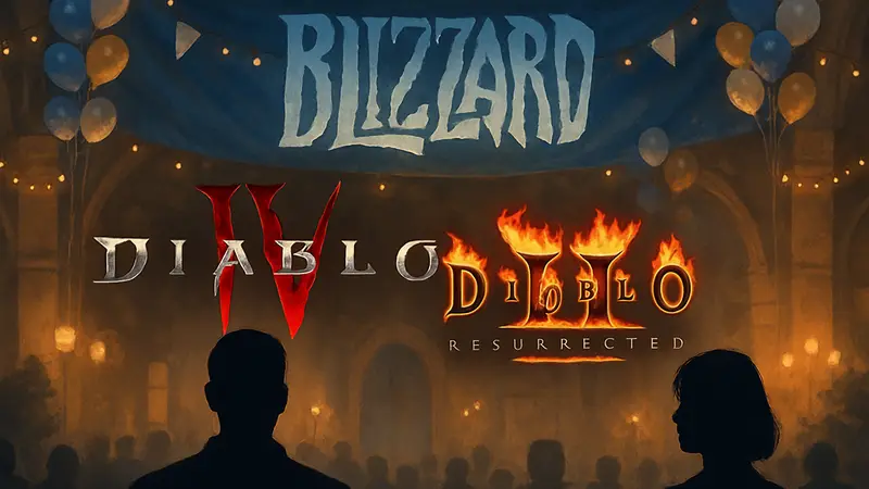 Логотипы Diablo 4 и Diablo 2 Resurrected на фоне праздничного баннера Blizzard