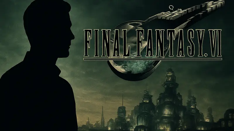 Коди Кристиан, актер озвучивания Клауда в Final Fantasy 7, на фоне логотипа игры