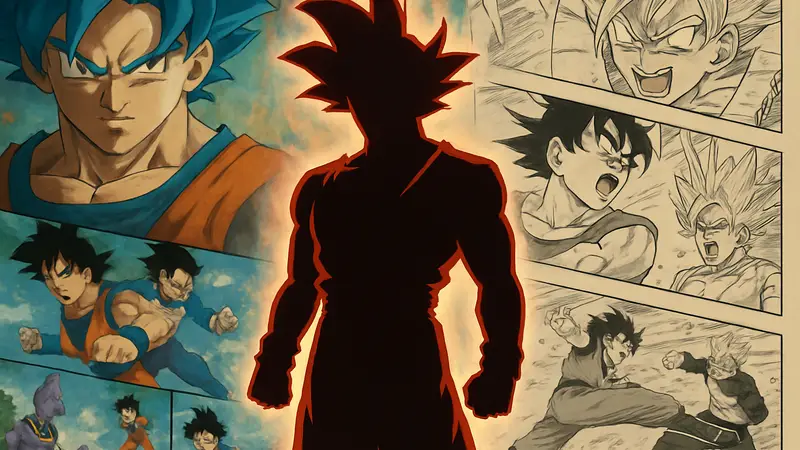 Гоку из Dragon Ball Super в своей суперсайянской форме, на фоне коллажа из кадров аниме и страниц манги.